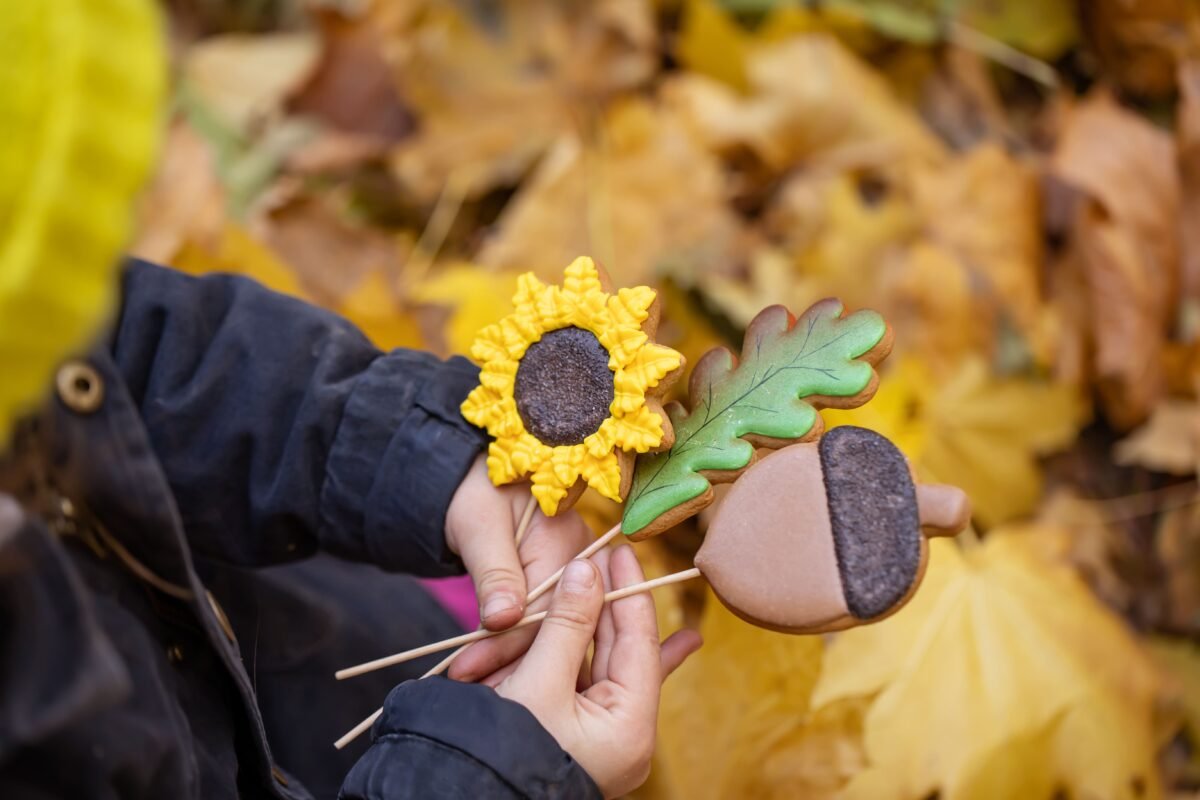 Niño paseando por el bosque en otoño con galletas en forma de hoja en las manos